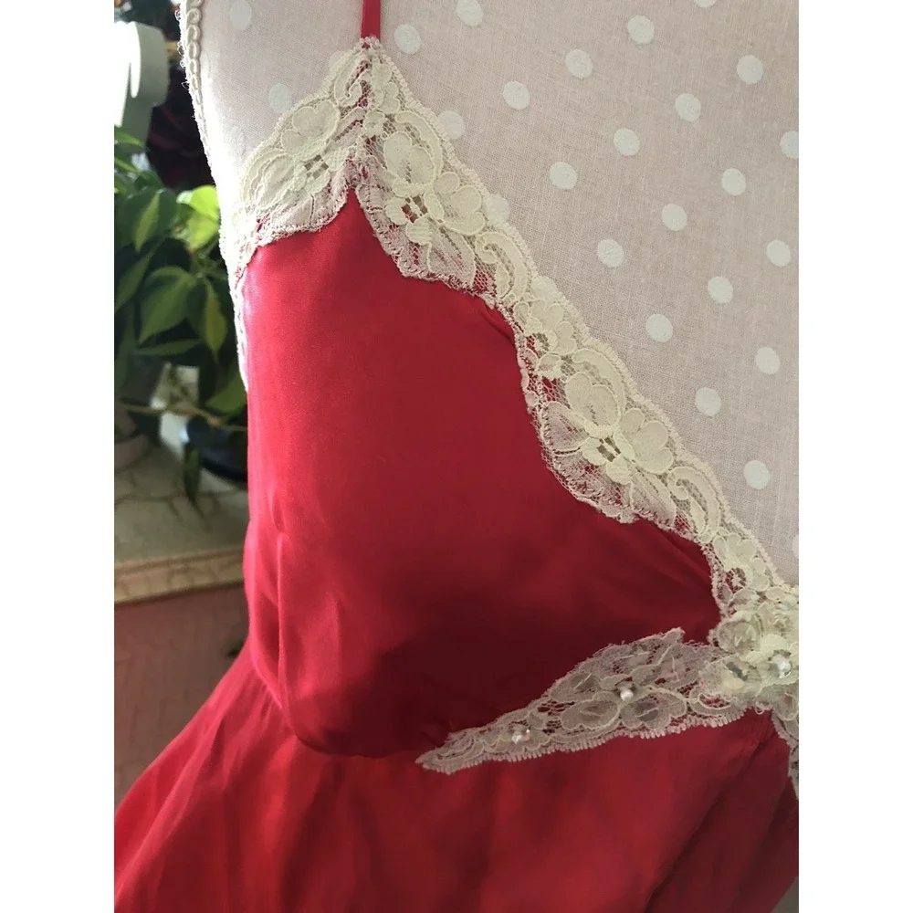 Vtg Secret Treasures Red Shiny Satin Polyester Lace Trim Nightie Sequins Women L - Picture 4 of 14